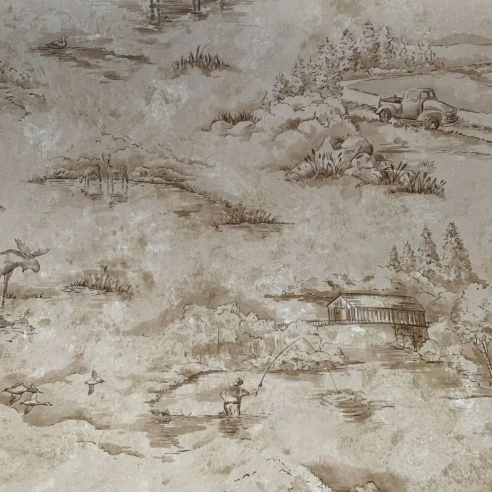Wallpaper Outdoor Moose Cabin Ducks Fishing Vintage Pickup 56 sq ft